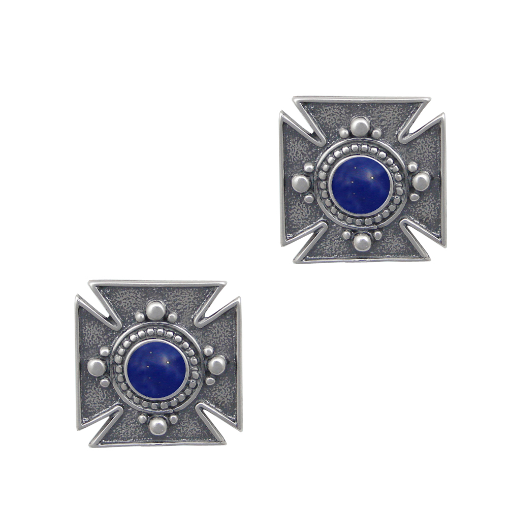 Sterling Silver Small Iron Cross Post Stud Earrings With Lapis Lazuli